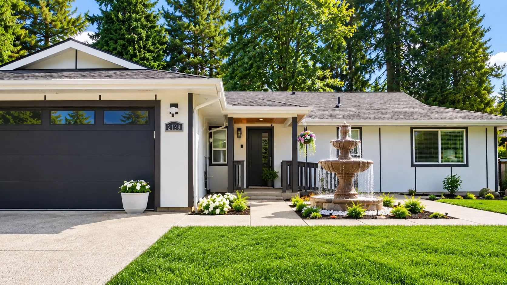 Front porch with a tiered garden fountain and flower beds