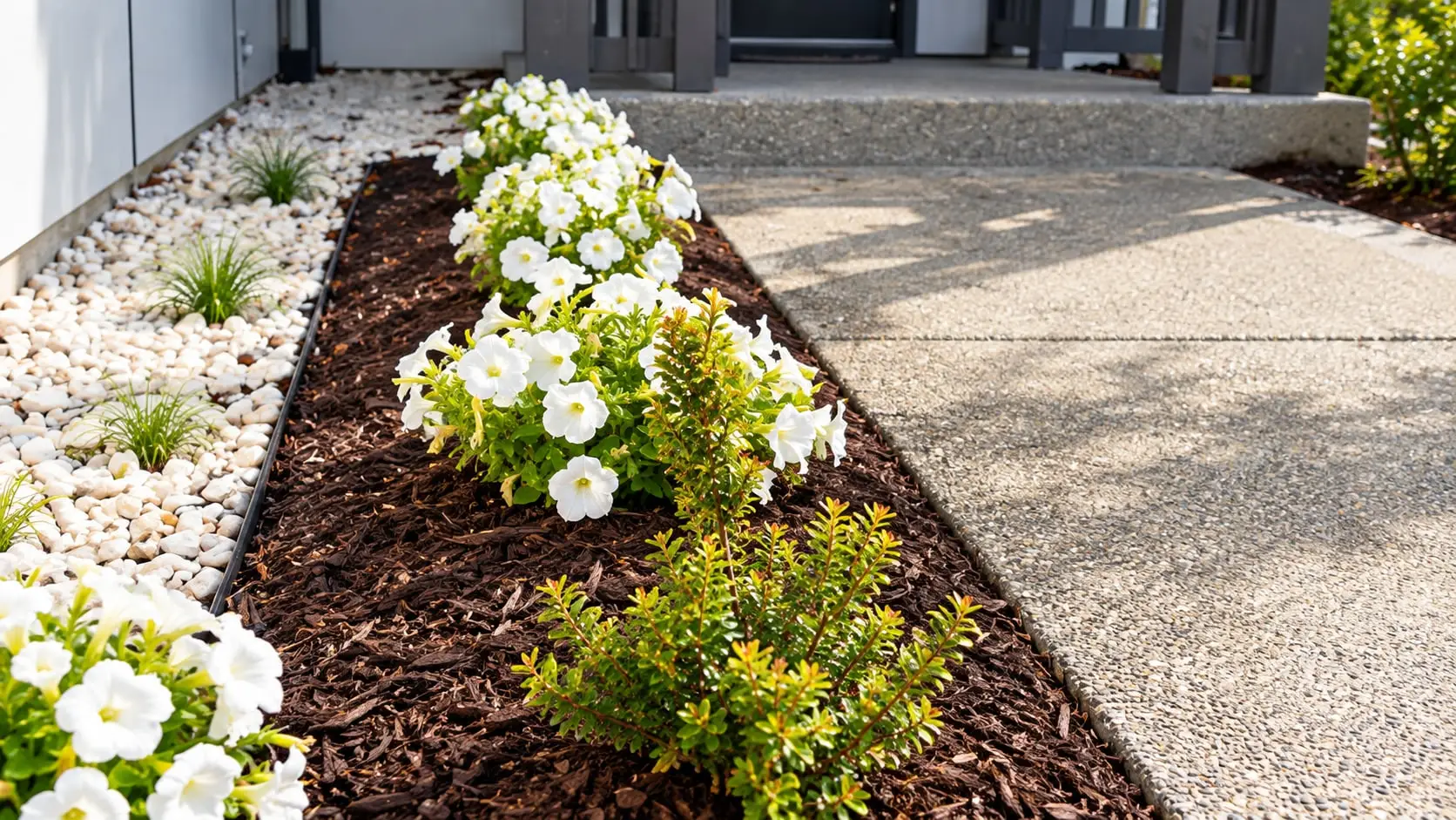 White flowers planted along the front walk