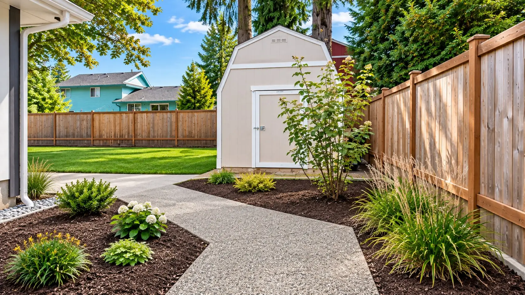 Garden path along a wood fence toward the shed
