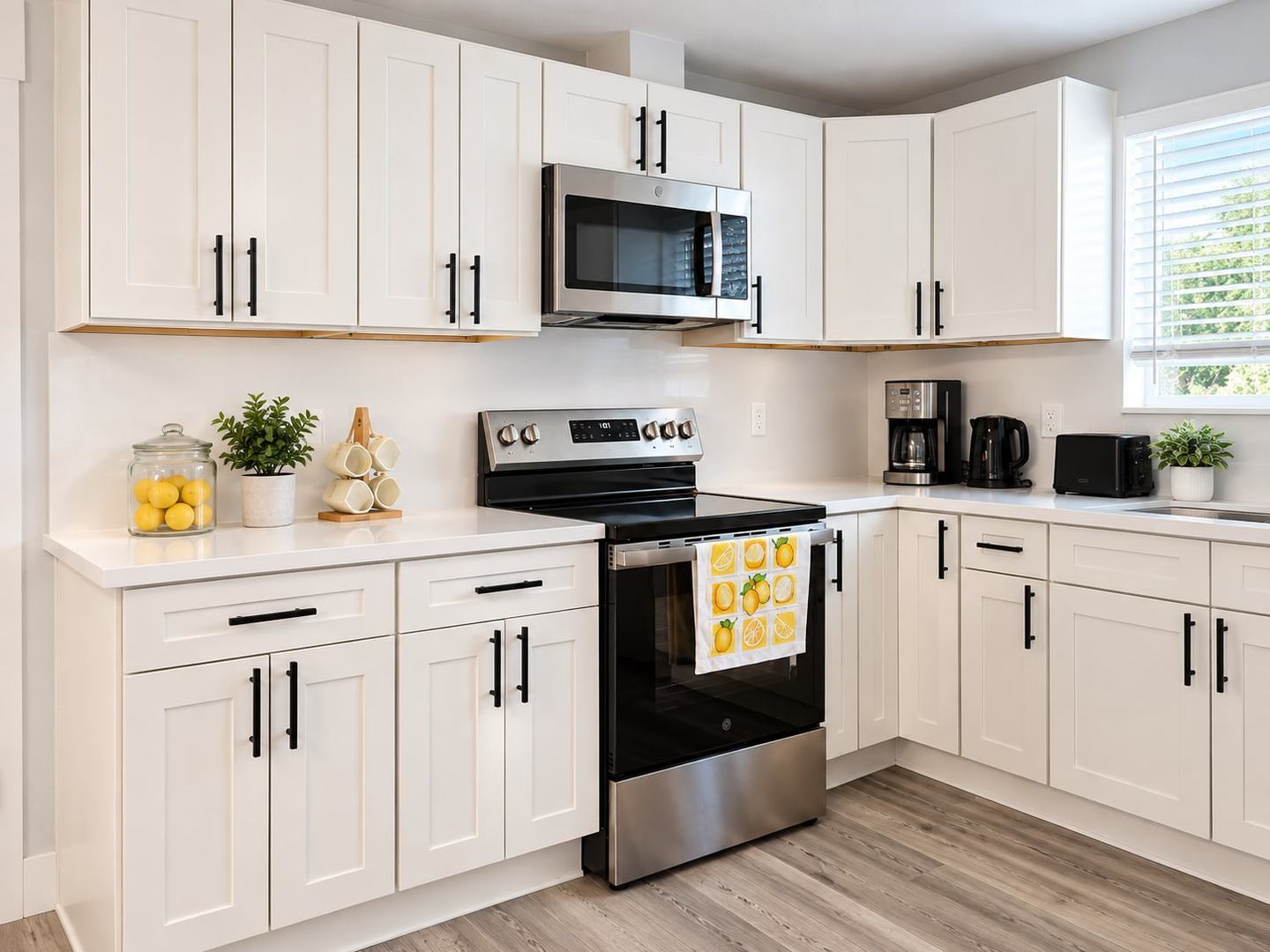 Kitchen range and microwave between white cabinets