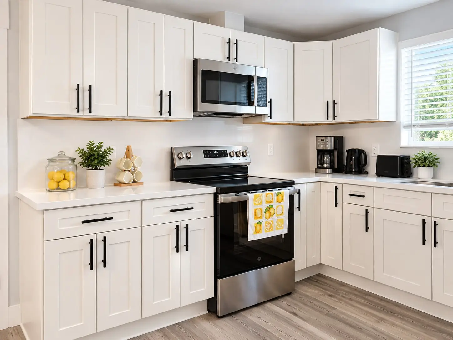 Kitchen range and microwave between white cabinets